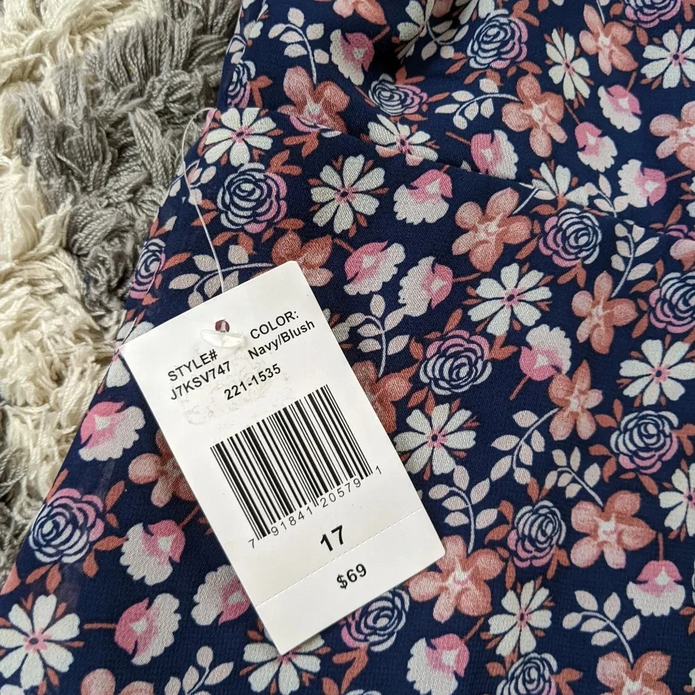B. Smart Navy and Blush Off the Shoulder Fit and Flare Floral Print Mini Dress